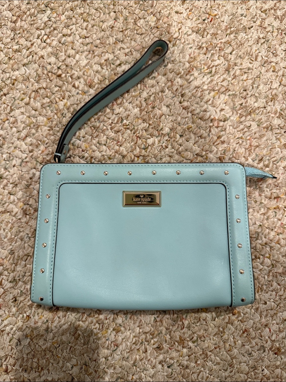 kate spade light blue studded leather wristlet clutch